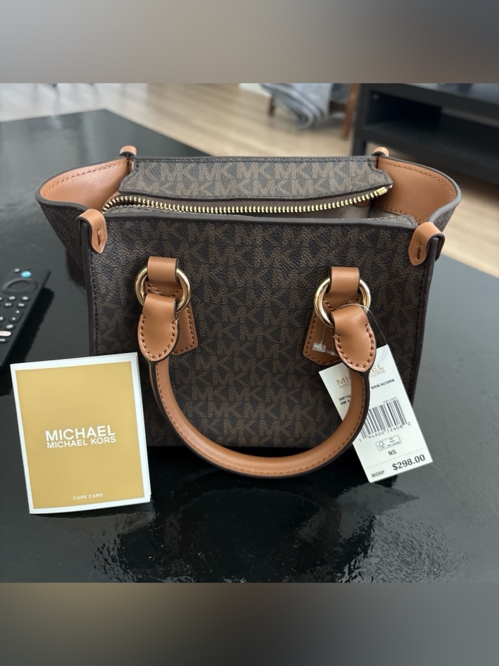 Michael Kors Brown Signature Mini Tote with Tan Leather Trim - Picture 2 of 3